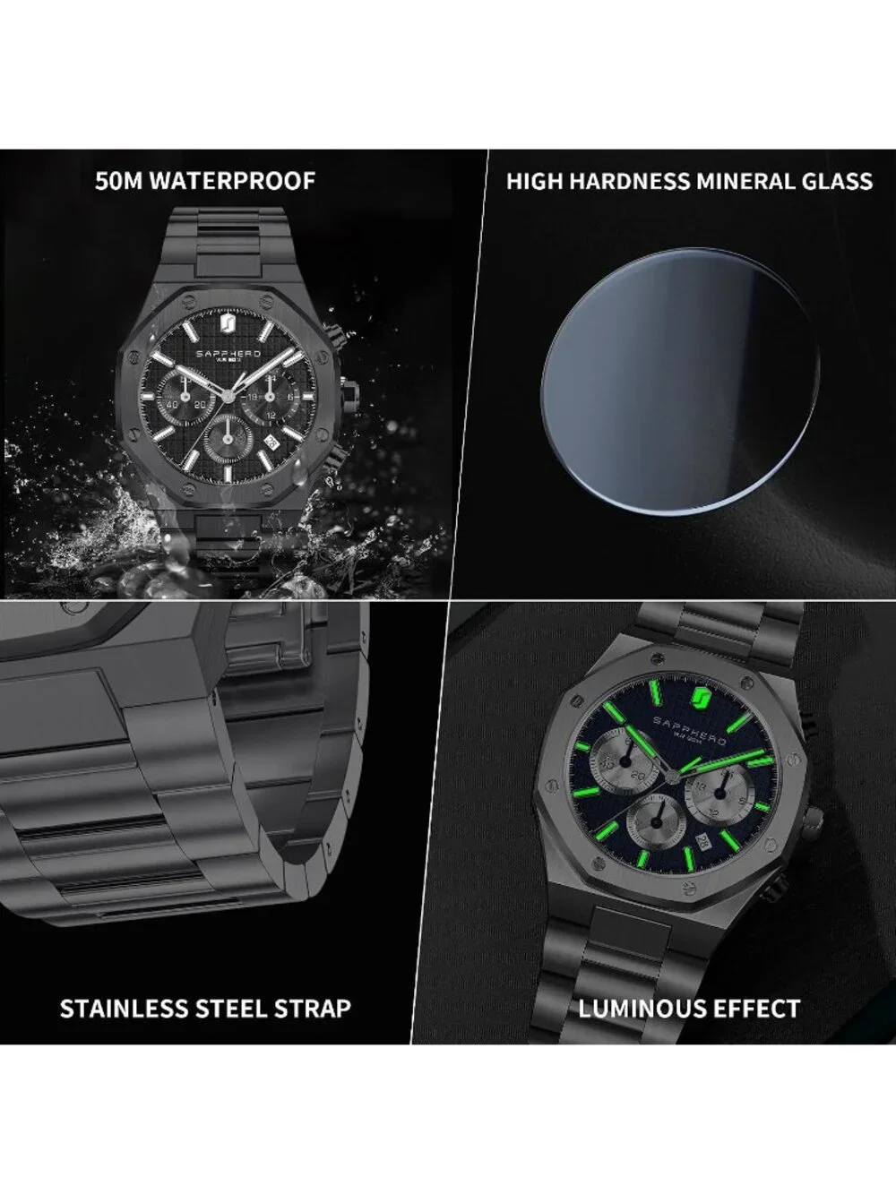 Men's Black Chronograph Quartz Movement Stainless Steel Luxury Date Wrist Watch